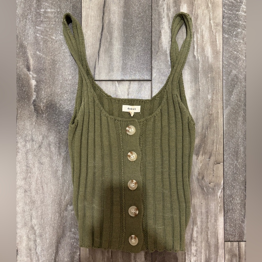 Debut Sleeveless Shoulder Strap Ribbed Button Down Crop Tank Top Green Sz S/M